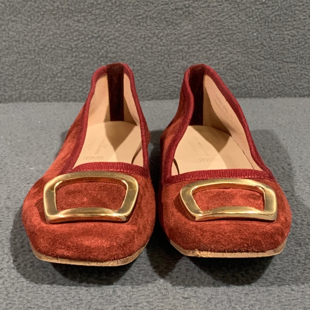 Avellini Womens 9.5 Red Suede Square Toe Ballet Flats Made in Italy Gold Buckle - Picture 4 of 10